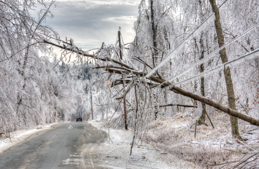 A downed power line during an ice storm.