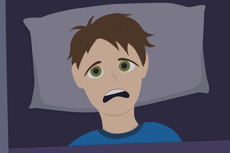 Video - Why Is My HVAC Unit Making Unusual Noises? Cartoon of boy laying in bed awake and frightened.