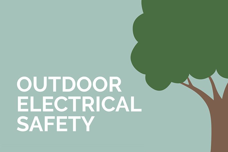 Video - Outdoor Electrical Safety. Image is an animated title page with a tree to the right of the words. The words are written in white and the background is a light green.